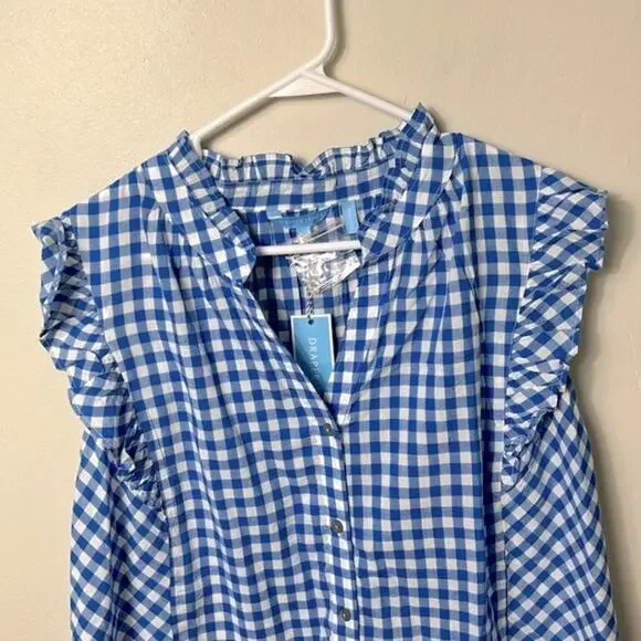 NWT Draper James blue gingham sleeveless ruffle detail button down blouse top - Picture 5 of 13